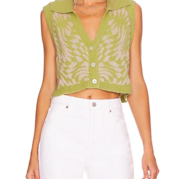 For Love Lemons Simone Green tan Houndstooth Knit Sweater Vest Size 1X - Picture 2 of 8